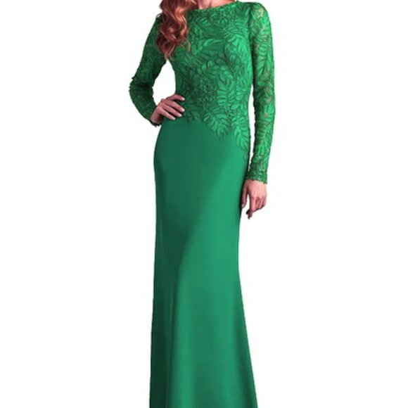 Tadashi Shoji Emerald Green Embroidered Long Sleeve Gown - Picture 1 of 5